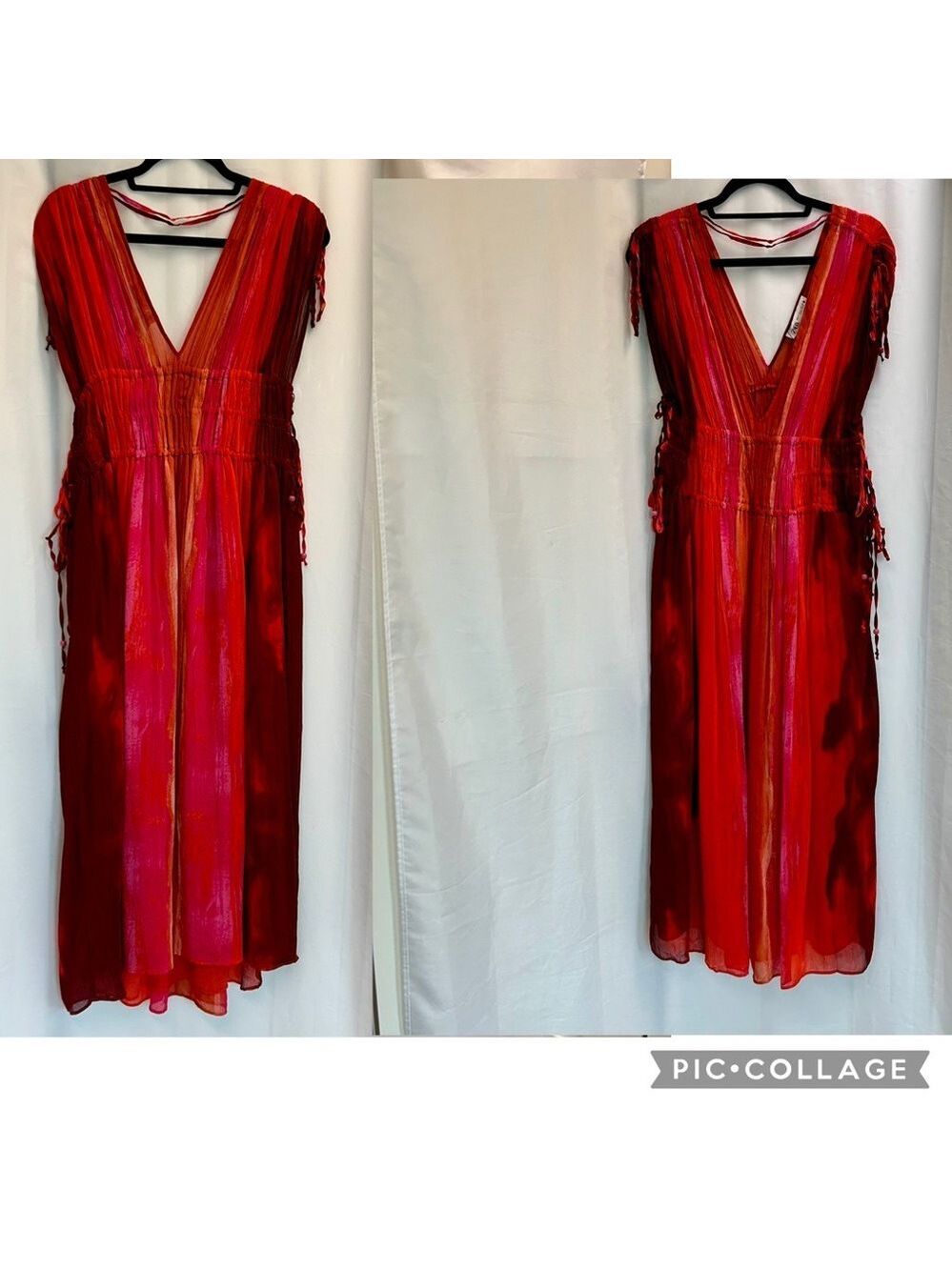 Zara red pink tie-dye BoHo V-neck midi dress Sz M tropical beach vacation NWOT - Picture 7 of 16